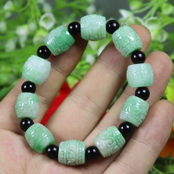 14*14*14 mm BEAD/54.96 g Cert'd Green Natural A JADE jadeite Moire Bracelet 5722 - Picture 3 of 7